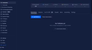 Castr stream dashboard on the Destinations tab showing no platforms added yet and the Add Platform button