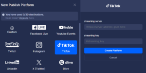 Castr's New Publish Platform panel with TikTok selected, showing the streaming server and TikTok stream key fields