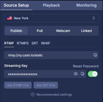 Castr Source Setup panel showing the RTMP URL and streaming key used to send a town hall meeting feed to Castr