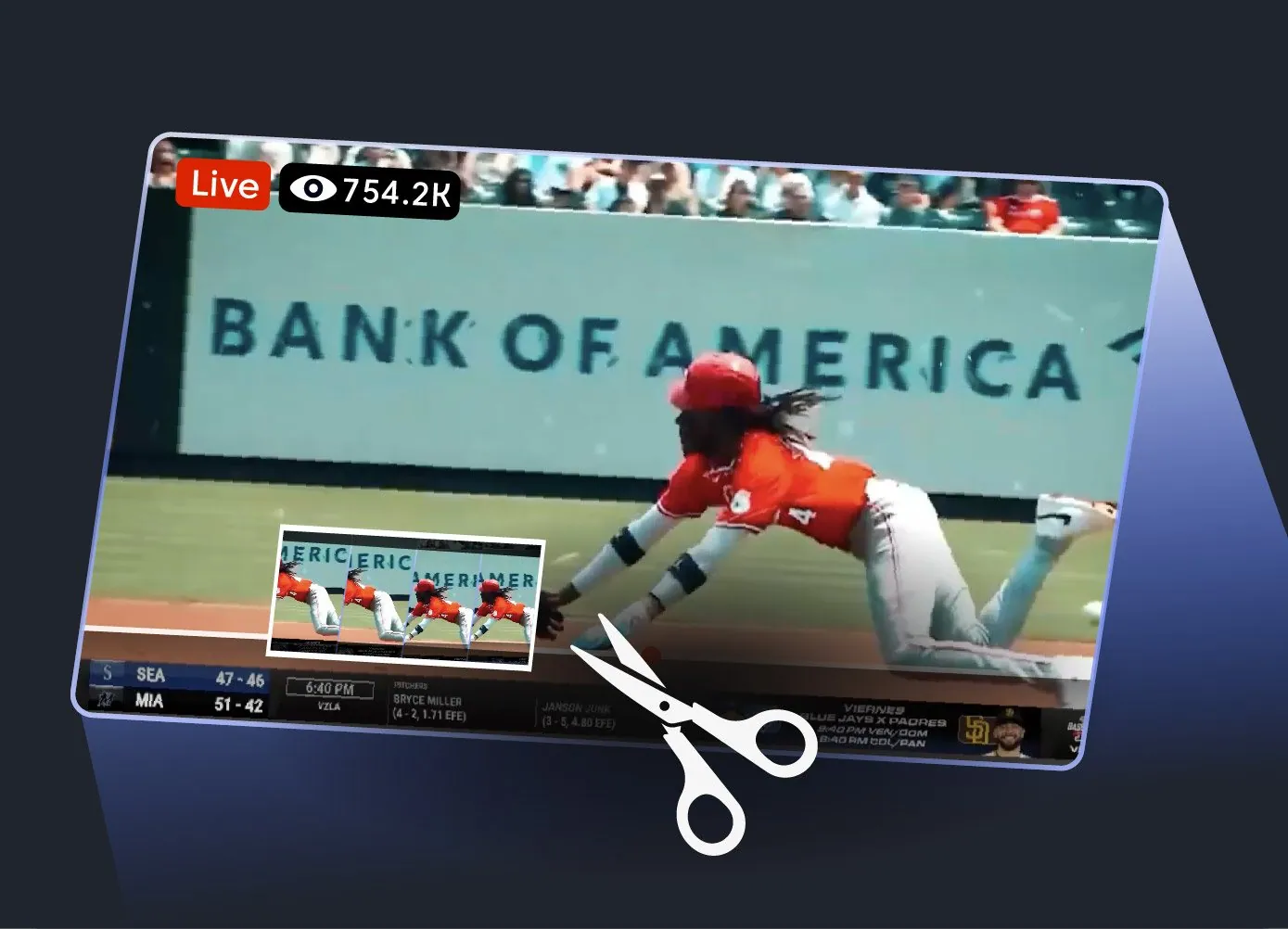 Live clipping a baseball highlight from a running stream in Castr