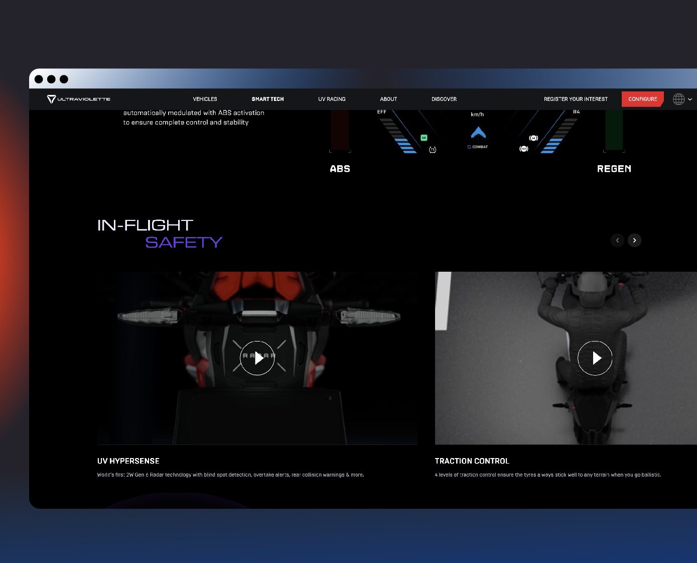 Ultraviolette product feature videos embedded across the website