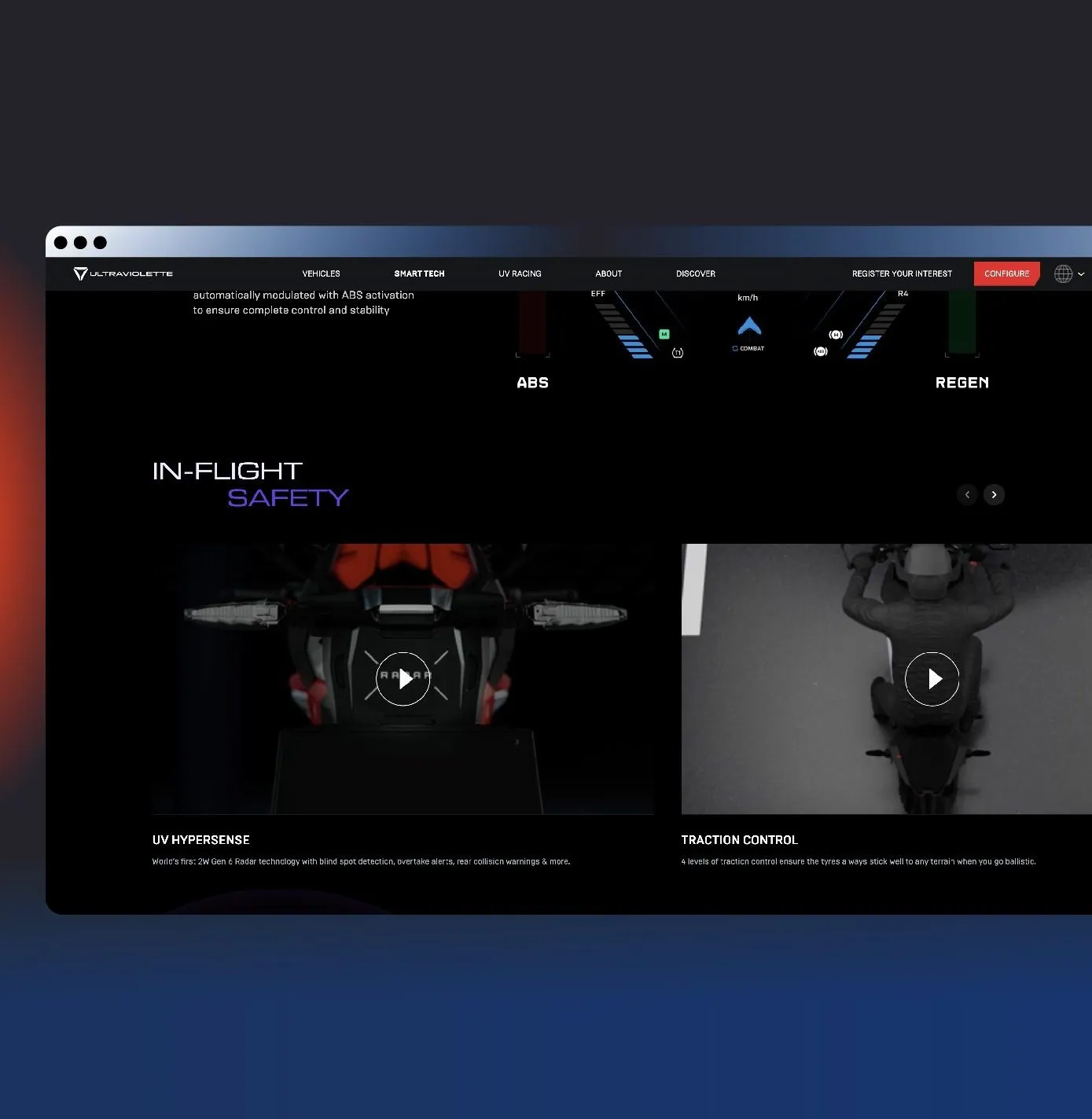 Ultraviolette product feature videos embedded across the website